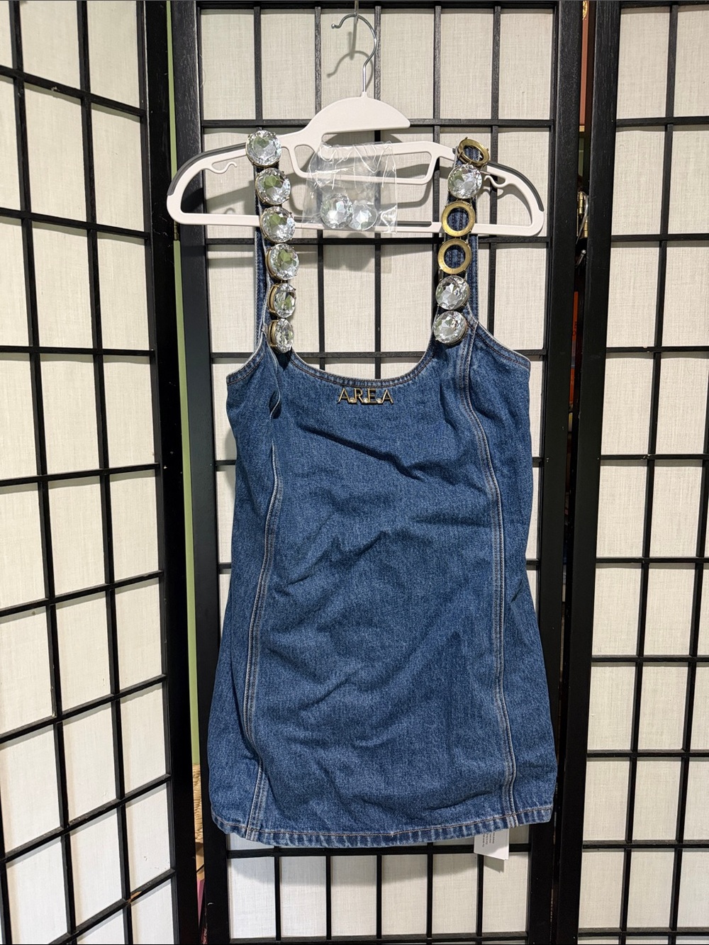 AREA Blue Denim Mini Dress with Crystal Strap Accents see photos 4
